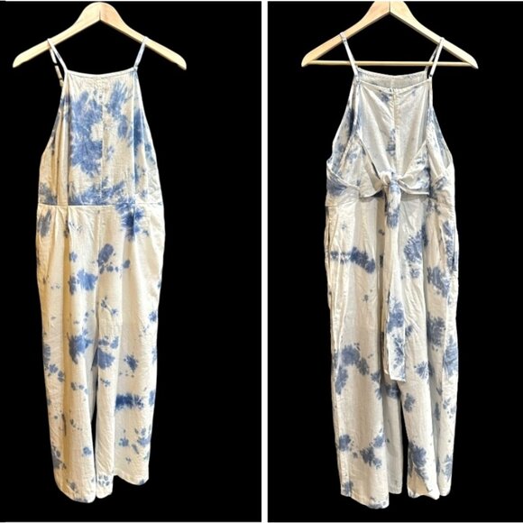 FATE Linen Blend Sleeveless Romper Jumper MEDIUM White Blue Tie Dye Beachy BOHO - Picture 1 of 9